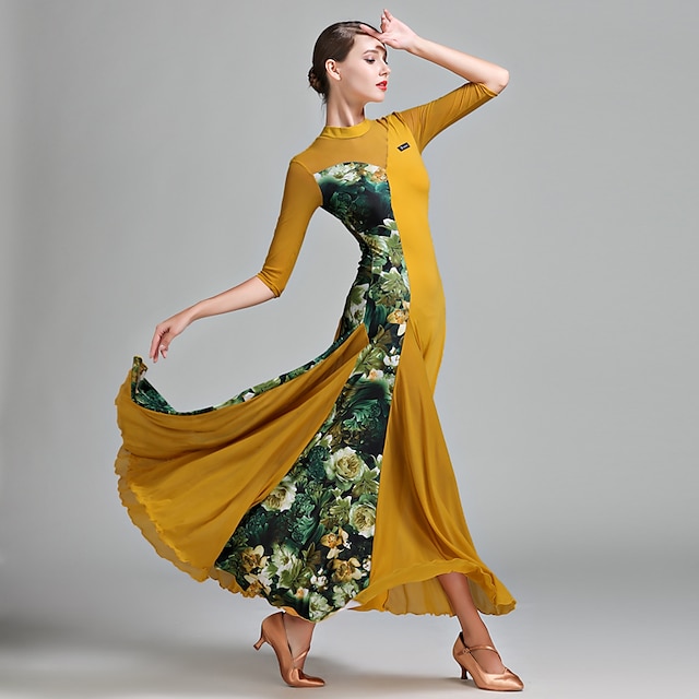  Ballroom Dance Dress Pattern / Print Splicing Women's Half Sleeve Natural Tulle Lycra Ice Silk