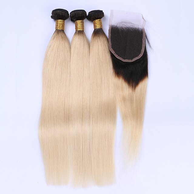  Hair Weaves Brazilian Hair Straight Human Hair Extensions Virgin Human Hair Hair Weft with Closure Ombre / Medium Length