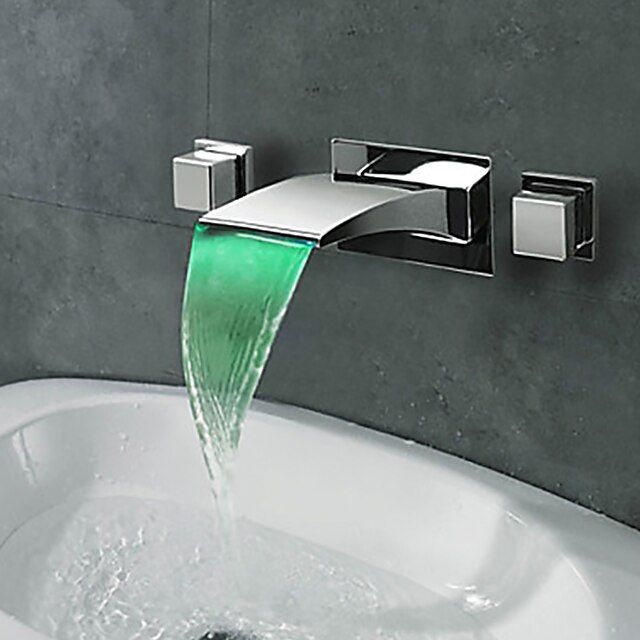  Waschbecken Wasserhahn - LED / Wand / Wasserfall Chrom 3-Loch-Armatur Zwei Griffe Drei LöcherBath Taps / Messing