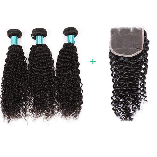  3 Bundles with Closure Brazilian Hair Curly Kinky Curly Human Hair Bundle Hair Human Hair Weaves Human Hair Extensions / 8A