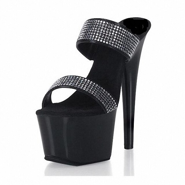  Women's Sandals Stiletto Heel Peep Toe Slippers Dress Party & Evening Rhinestone PU Summer Black