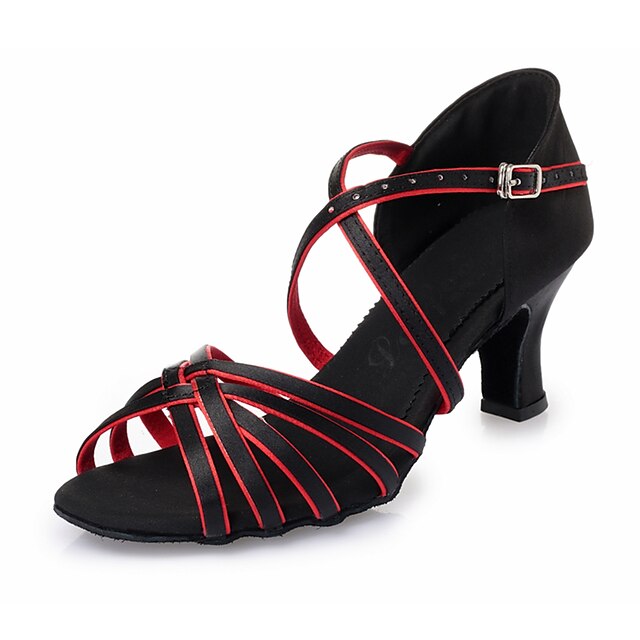  Damen Schuhe für den lateinamerikanischen Tanz Seide T-Schliesse Absätze Band-Bindung Blockabsatz Tanzschuhe Schwarz / Rot / Innen / Leder