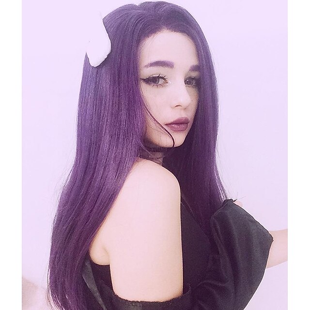  Synthetic Lace Front Wig Straight Straight Lace Front Wig Long Dark Purple Synthetic Hair Women's Natural Hairline Purple Gray Uniwigs