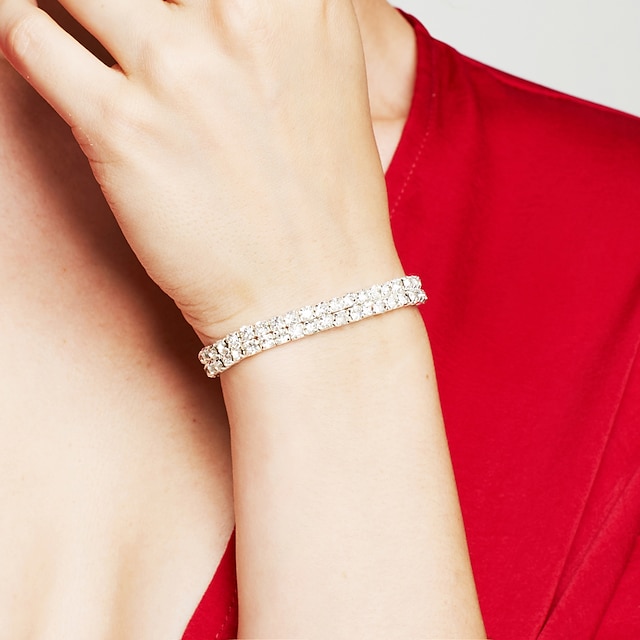  Dame Tenniskæde Charm-armbånd - Rhinsten, Sølvbelagt, Simuleret diamant Luksus, Dobbeltlags, Elegant Armbånd Sølv Til Julegaver Bryllup Fest