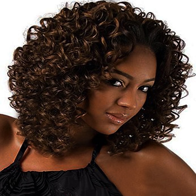  Pelucas sintéticas Rizado Rizado Peluca Media Marrón Pelo sintético Mujer Peluca afroamericana Marrón