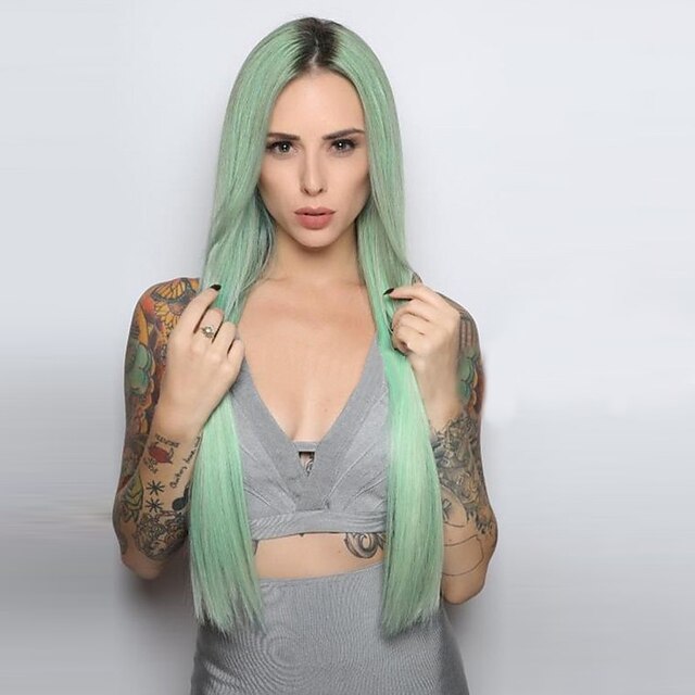  Synthetic Wig Straight Style Capless Wig Ombre Mint Green Synthetic Hair Ombre Wig Long Natural Wigs