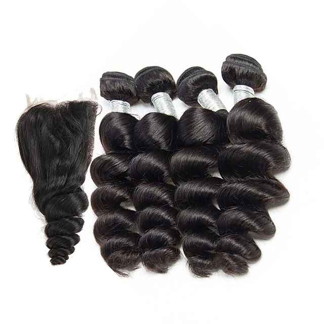  4 Bundles With Closure Brazilian Hair Loose Wave Virgin Human Hair Natural Color Hair Weaves 8-26 inch Human Hair Weaves Human Hair Extensions