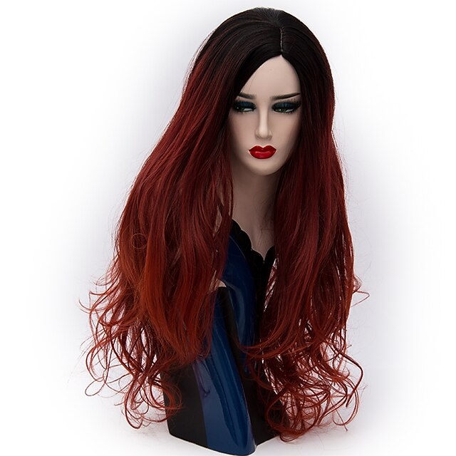  Synthetic Wig Natural Wave Style Capless Wig Dark Red Synthetic Hair Women's Ombre Hair Red Wig Long Natural Wigs