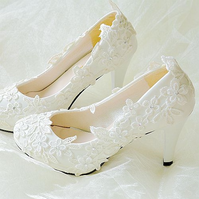  בגדי ריקוד נשים נעלי חתונה רשת חתונה משרד קריירה שמלה ריינסטון פאייטים אפליקציות עקב סטילטו בוהן עגולה רצועה אחורית תחרה PU לבן