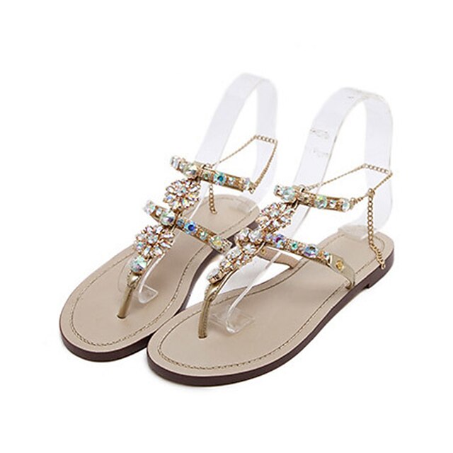 Women's Sandals Summer / Fall Flat Heel Open Toe Novelty Casual Dress Rhinestone Leatherette Walking Shoes Gold