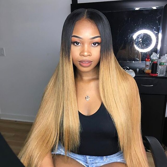  Human Hair Glueless Full Lace Full Lace Wig Rihanna style Brazilian Hair Straight Ombre Two Tone Wig 130% Density with Baby Hair Ombre Hair Natural Hairline African American Wig 100% Hand Tied Women's