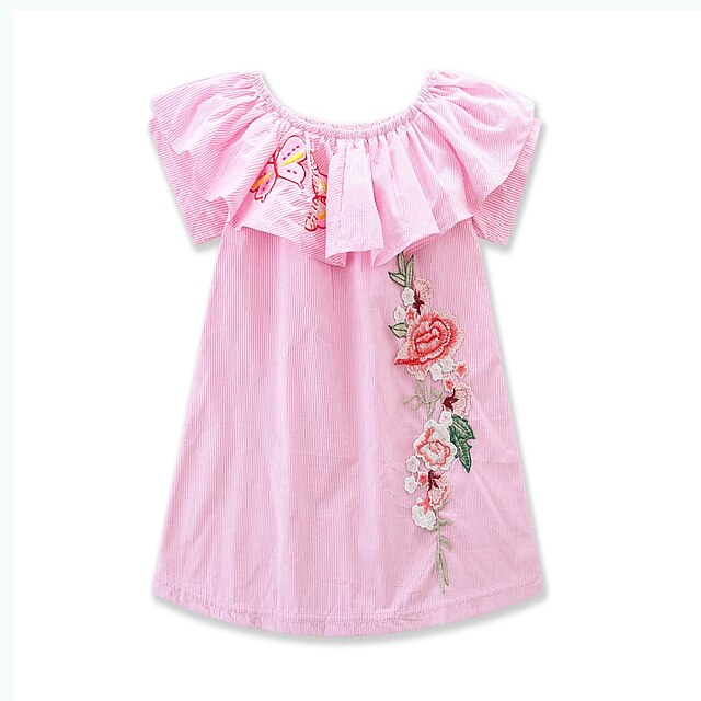  Toddler Little Girls' Dress Floral Striped Blushing Pink Short Sleeve Stripes Dresses Summer