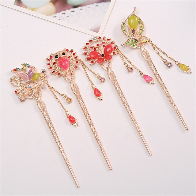  Complex Classic Hairpin Hair Ornaments Palace Hairpin National Wind Hair Ornaments Diamond Tassel Step Shake Crystal Jewelry 4PCS