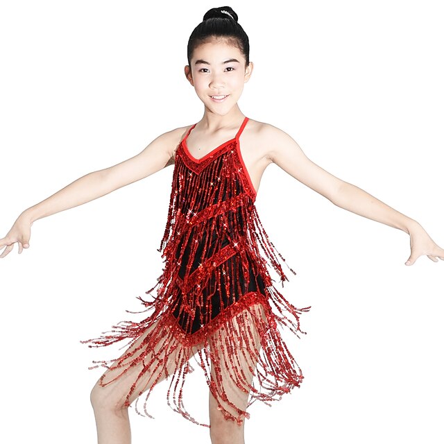  Latin Dance Dress Sequin Tassel Women's Performance Sleeveless Natural Sequined Lycra / Cheerleader Costumes