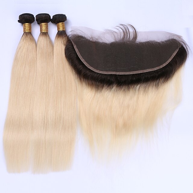  Sploty włosów Włosy brazylijskie Prosta Ludzkich włosów rozszerzeniach Włosy virgin Taśma włosów z zamknięciem Ombre / Długość średnia