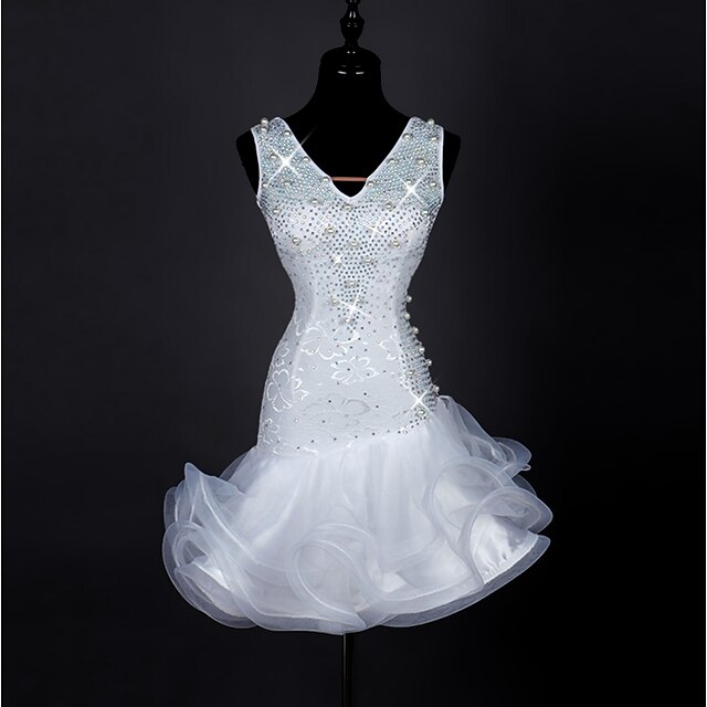  Latin Dance Dresses Women's Performance Spandex / Pearl / Organza Crystals / Rhinestones Sleeveless High Dress
