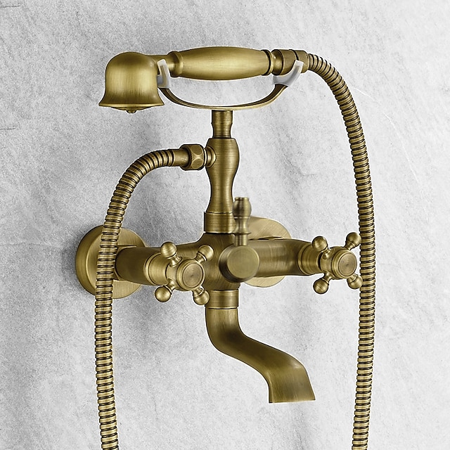  badkar kran, antik mässing gammal telefon stil väggmonterad två handtag två hål bad dusch blandare med varm och kall brytare och keramisk ventil