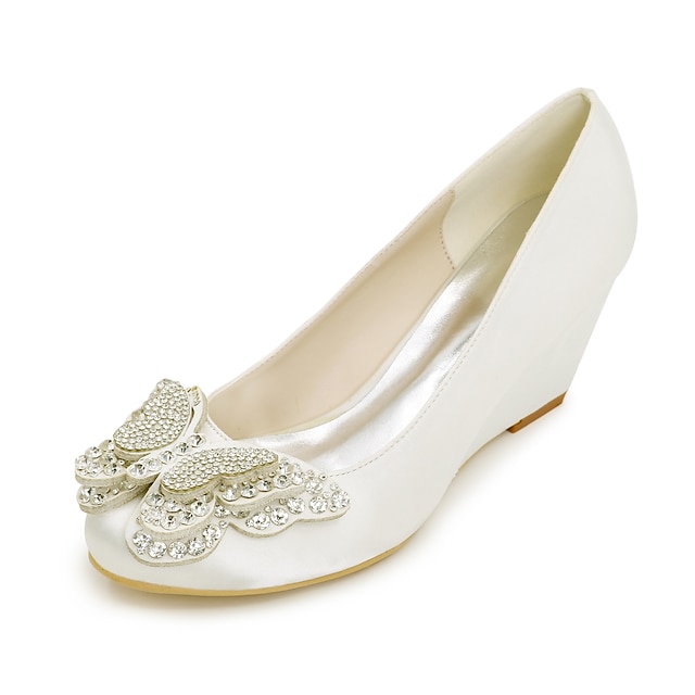  Pentru femei pantofi de nunta Toc Platformă Vârf rotund Piatră Semiprețioasă Satin Balerini Basic Primăvară / Vară Albastru / Maro deschis / Cristal