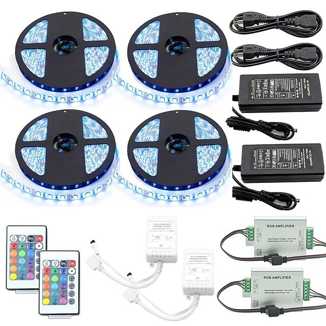  1 Set 20M(4x5M) Led Strip Kit RGB Tiktok Lights Waterproof LED Strip Lights 5050 10mm 1200led with2PCS 24key Ir Controller and 2PCS 6A Power Supply(UL) with 2Pcs Signal Amplifier Repeater