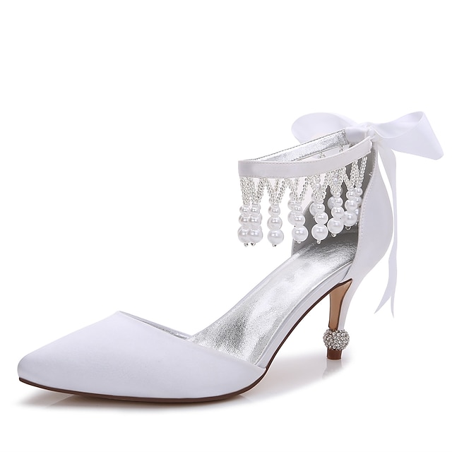  Women's Wedding Shoes Wedding Dress Party & Evening Solid Colored Wedding Heels Summer Bowknot Pearl Tassel Decorative Heel Pointed Toe Comfort Walking Satin Ankle Strap Silver Black White