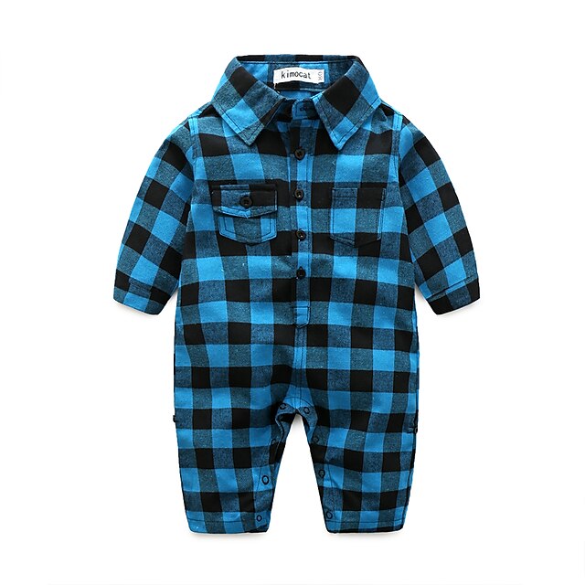  Baby Jungen Kariert Verziert Langarm Anzug & Overall Blau