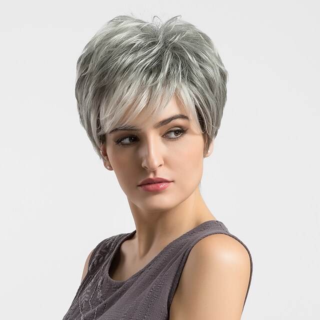  Miscela di capelli umani Parrucca Liscio Short Hairstyles 2020 Dritto Capelli con colpi di sole / Balayage Senza tappo Per donna Grigio