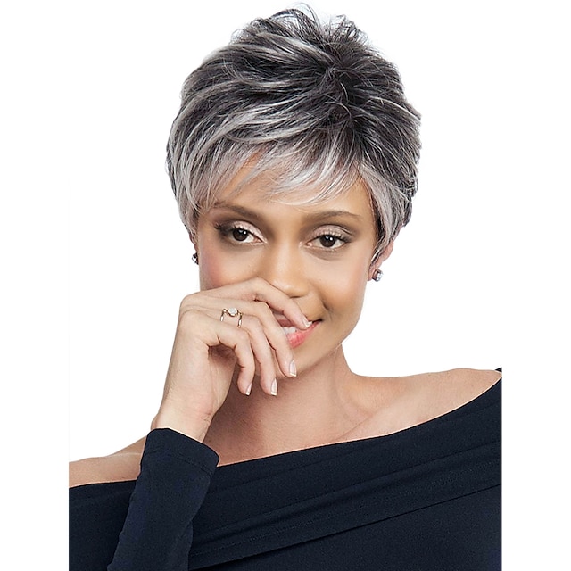  Gray Wigs for Women Synthetic Wig Loose Wave Wig Short Grey Synthetic Hair Dark Roots Gray Wigs
