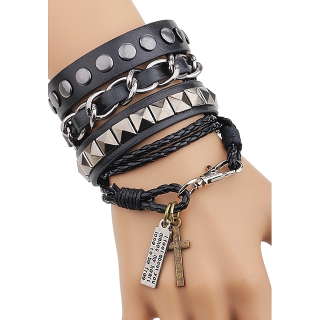  Men's Chain Bracelet Leather Bracelet Cross Rock Hip-Hop Leather Bracelet Jewelry Black For Casual Club