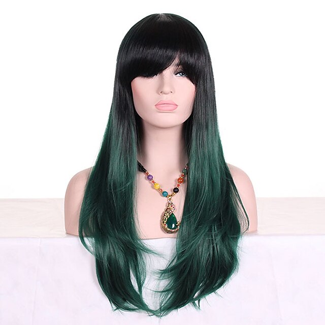  Synthetic Wig Wavy Style With Bangs Capless Wig Black / Dark Green Synthetic Hair Women's Ombre Hair Dark Roots Green Wig Long