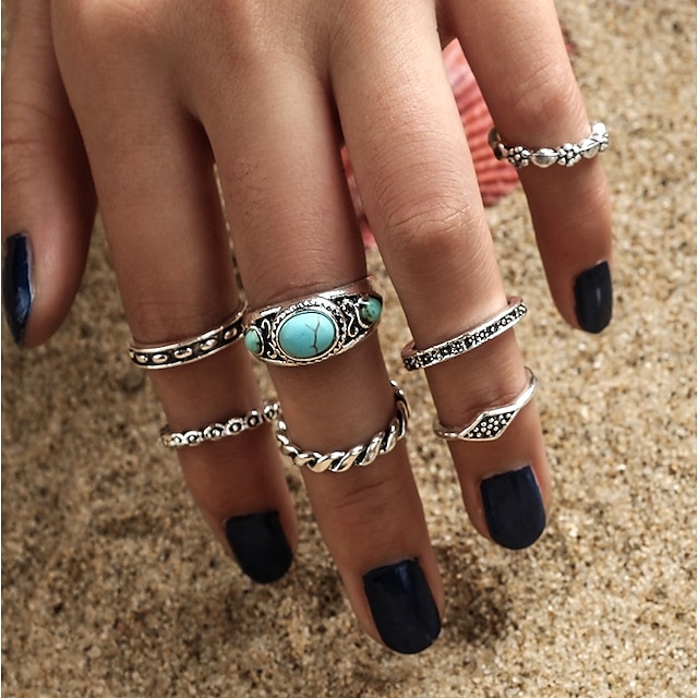  Women's Turquoise Ring - Turquoise, Alloy Bohemian, Fashion, Boho One Size Silver For Casual Formal