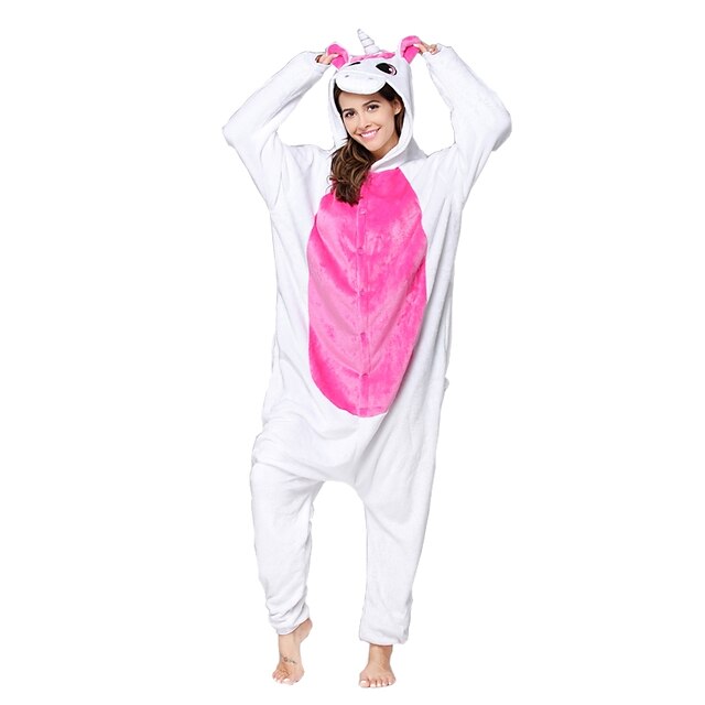  Adults' Kigurumi Pajamas Unicorn Pony Onesie Pajamas Flannel Toison Fuschia Cosplay For Men and Women Animal Sleepwear Cartoon Festival / Holiday Costumes