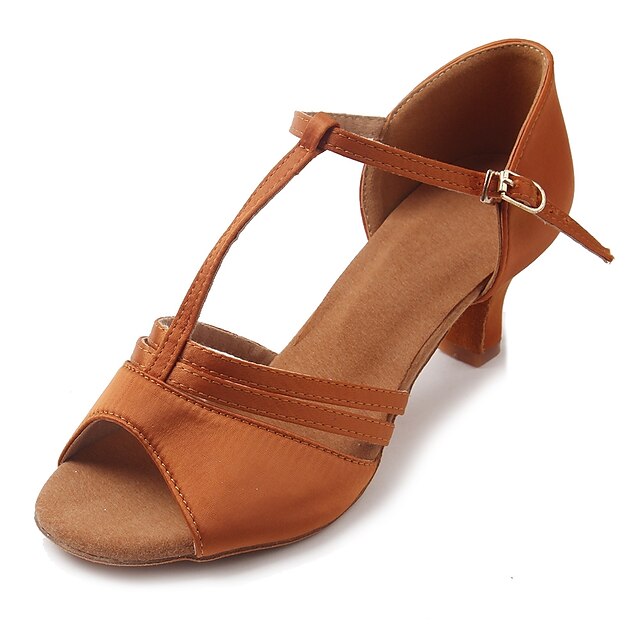  Women's Dance Shoes Satin Latin Shoes Buckle Sandal / Heel Cuban Heel Customizable Brown