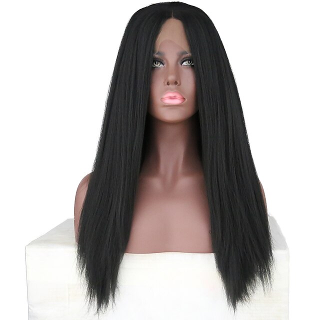  Synthetic Lace Front Wig Yaki Yaki Lace Front Wig Long Black#1B Synthetic Hair Women's Natural Hairline Middle Part Black