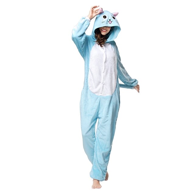  Voksne Kigurumi-pyjamas Kat Onesie-pyjamas Flanel Fleece Blå Cosplay Til Damer og Herrer Nattøj Med Dyr Tegneserie Festival / Højtider Kostumer