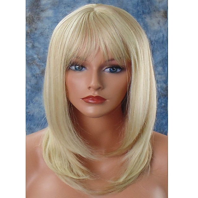  Synthetic Wig Straight Straight Layered Haircut With Bangs Wig Medium Length Bleach Blonde#613 Synthetic Hair Women's Natural Hairline Blonde