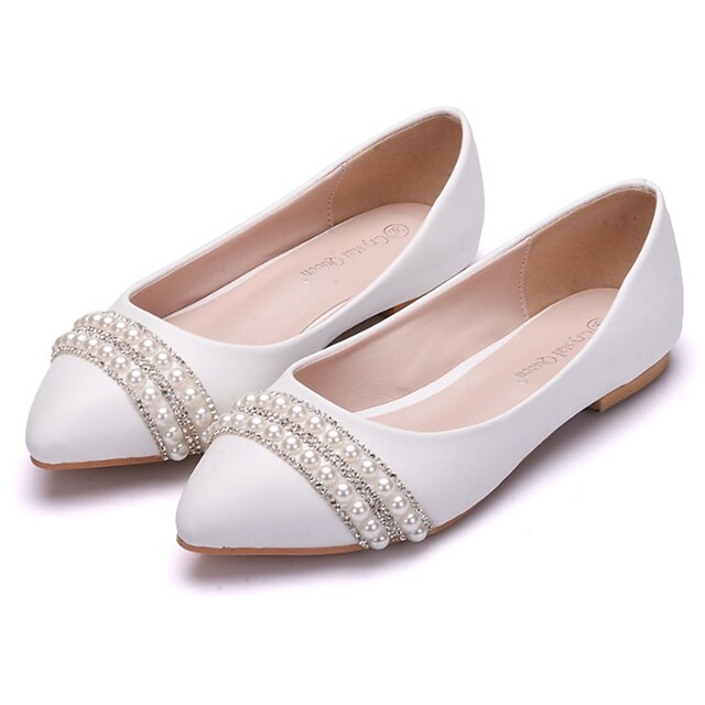  Women's Flats Wedding Party & Evening Rhinestone Pearl Flower Flat Heel Pointed Toe Comfort Novelty PU White