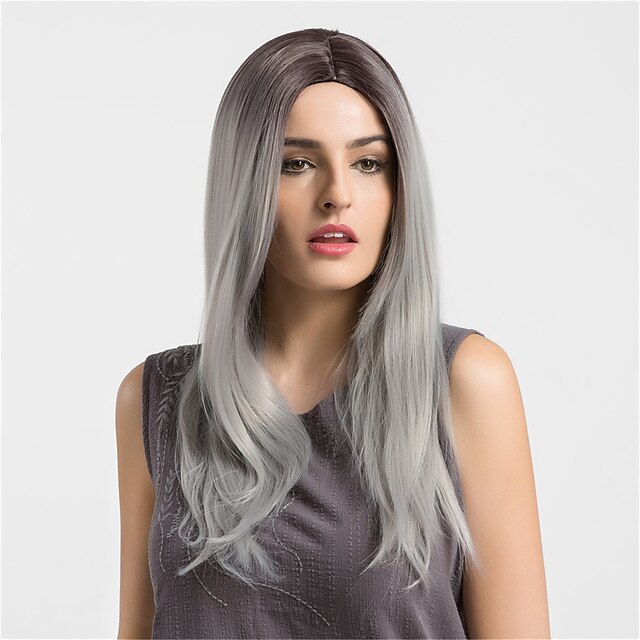  Synthetic Wig Straight Natural Wave Natural Wave Straight Wig Long Black / Grey Synthetic Hair Women's Ombre Hair Dark Roots Gray