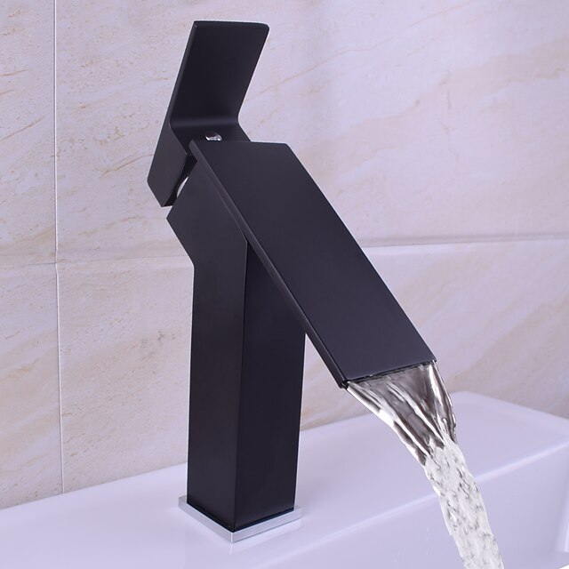  Bathroom Sink Faucet - Waterfall Black Deck Mounted Single Handle One HoleBath Taps / Brass