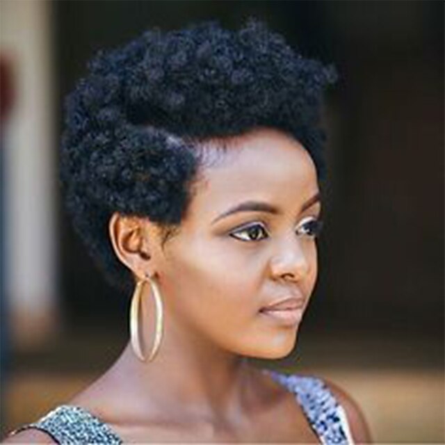  Mistura do cabelo humano Peruca Encaracolado Penteados Curtos 2020 baga Encaracolado Curto Peruca Afro Americanas Fabrico à Máquina Mulheres Preto Natural # 1B