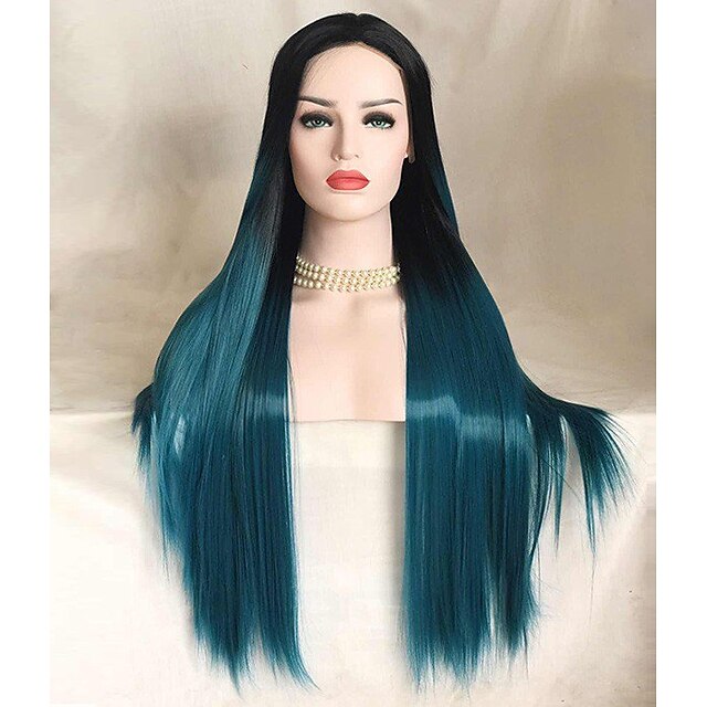  Synthetic Lace Front Wig Straight Straight Lace Front Wig Long Black / Smoke Blue Synthetic Hair Women's Blue Uniwigs