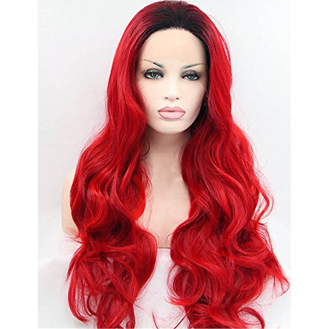  Synthetic Lace Front Wig Body Wave Water Wave Body Wave Water Wave Lace Front Wig Medium Length Long Red Synthetic Hair Women's Ombre Hair Dark Roots Natural Hairline Red