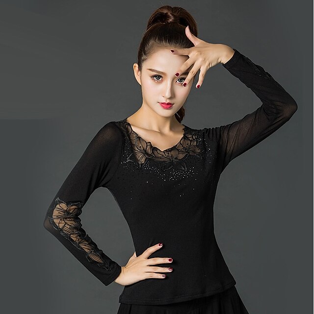  Latin Dance Tops Women's Performance Ice Silk Lace Long Sleeves Top