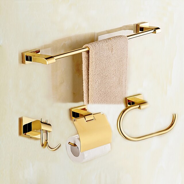  set di accessori per il bagno materiale in ottone inculde porta carta igienica/porta accappatoio/asciugamano singolo asta montata a parete dorata 4 pezzi