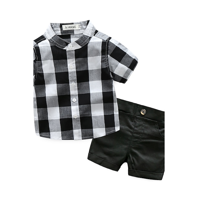  Baby Boys' Check Cotton Lattice Short Sleeves Clothing Set Black