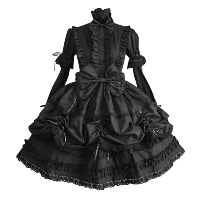  Princess Gothic Lolita Plus Size Punk Dress Women's Girls' Cotton Japanese Cosplay Costumes Plus Size Customized Black Ball Gown Solid Colored Puff Balloon Sleeve Long Sleeve Medium Length