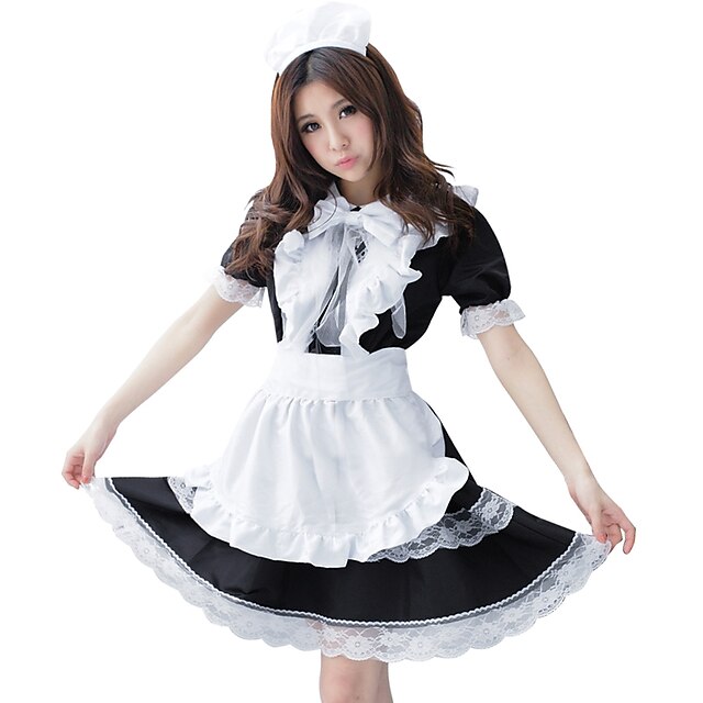  Princesa Gosurori Lolita Traje de Camarera Hombre Mujer Chica Japonés Disfraces de Cosplay Blanco Un Color Manga Corta Hasta la Rodilla