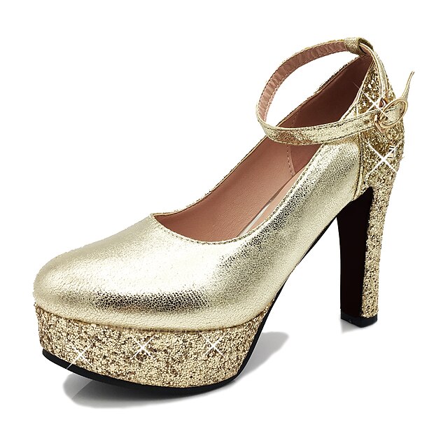  Women's Heels Chunky Heel Round Toe Wedding Party & Evening Crystal Buckle Sequin PU Summer Gold / Silver