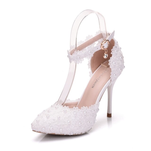  Women's Wedding Shoes Wedding Party & Evening Pearl Buckle Appliques Pointed Toe Comfort Novelty PU White