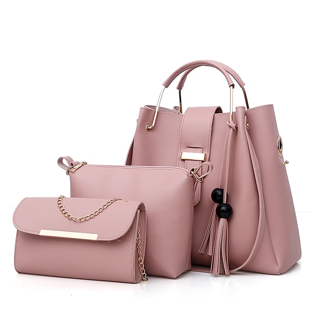  Mulheres Conjuntos de saco Couro PU Conjunto de bolsa de 3 peças Compras Ziper Franjas Preto Branco Rosa