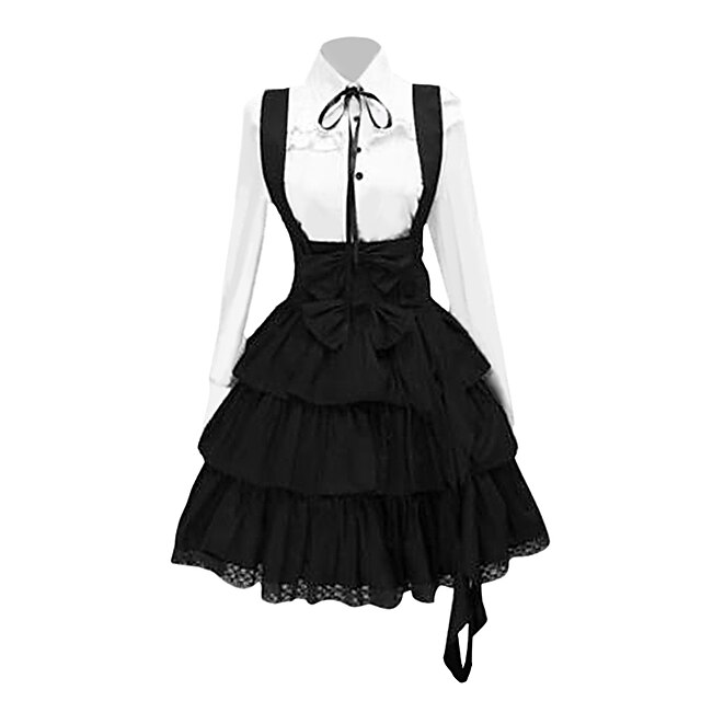  Classic Lolita Vintage Inspireret Kjoler Dragter Dame Bomuld Cosplay Kostumer Sort Vintage Langærmet Medium Længde